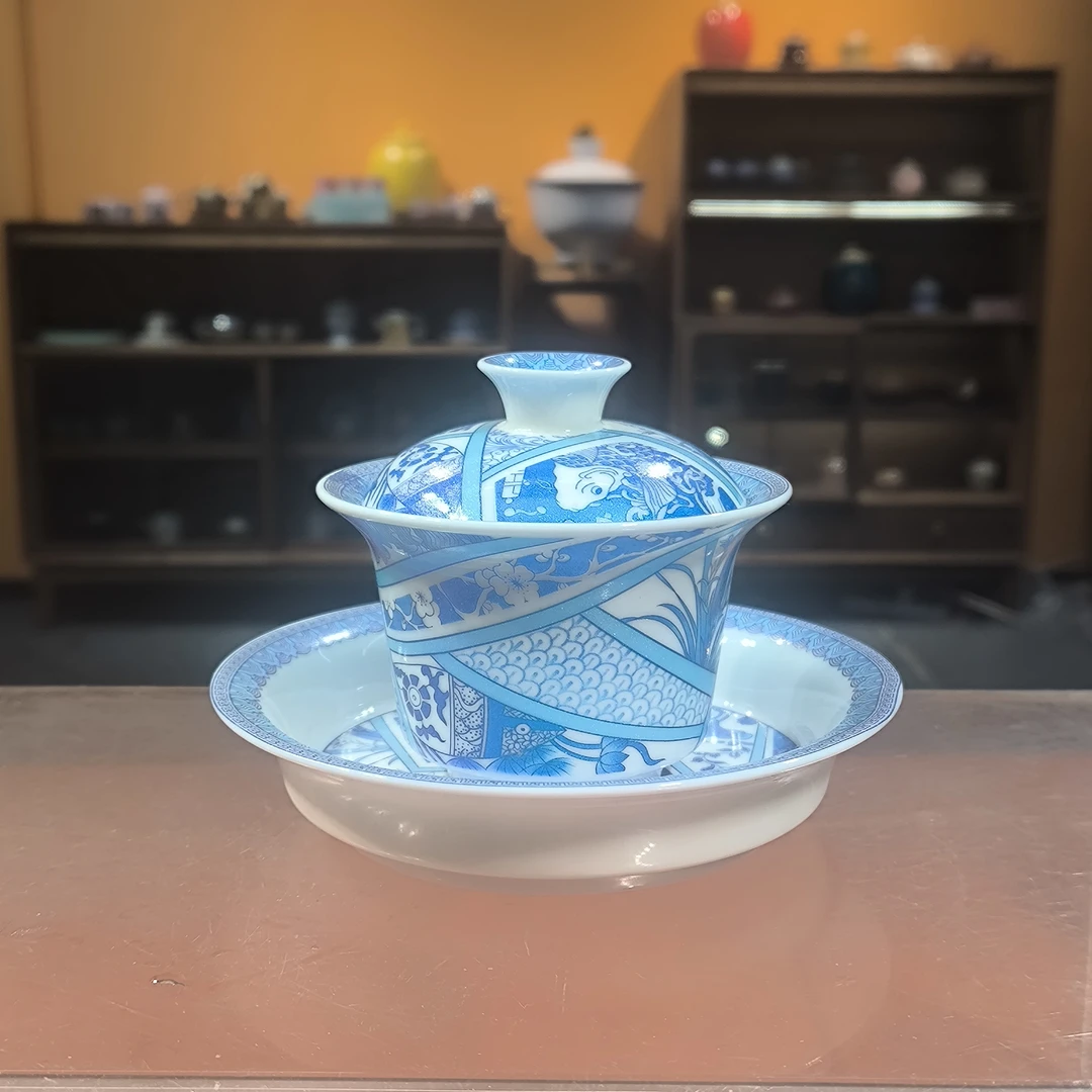 德化云仓  青花炫彩鹿三才盖碗-2459