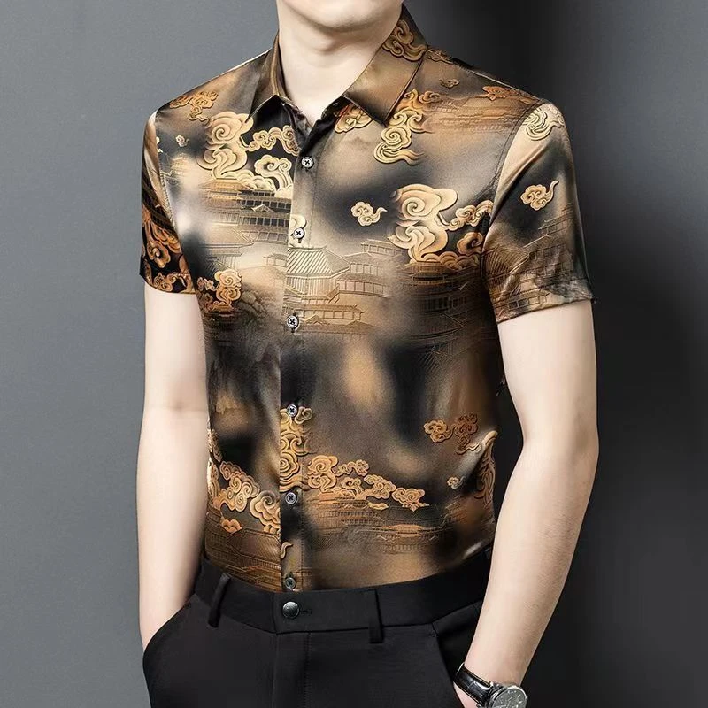 【桑蚕丝-年中特惠】男士夏季薄款天然真丝桑蚕丝祥云短袖男装衬衫