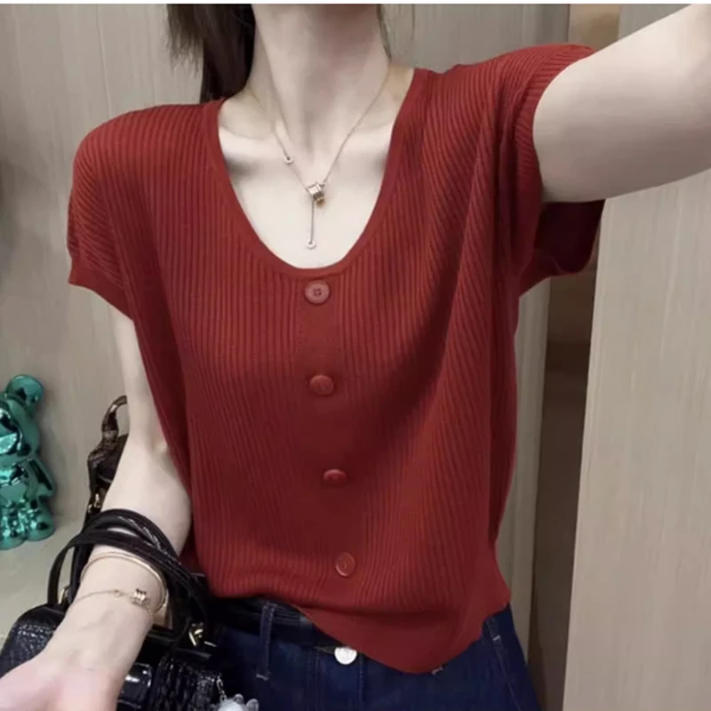 夏季冰丝针织t恤韩版百搭时尚修身短袖 高端轻奢薄款宽松爆款半袖