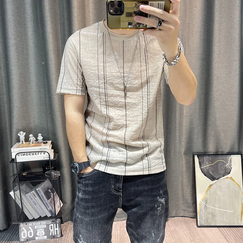 条纹男士短袖t恤夏季新款棉麻薄款上衣修身半袖体恤圆领潮流衣服