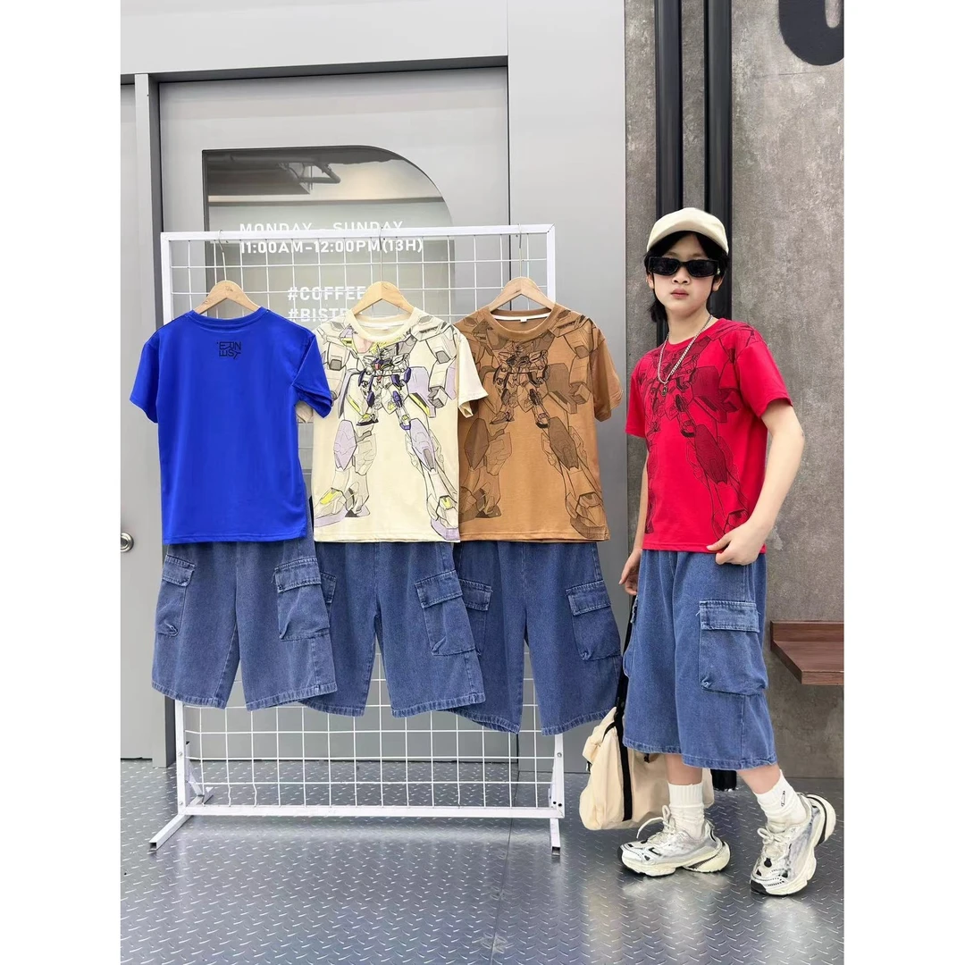 儿童2025夏季新款卡通工装牛仔套装B0432