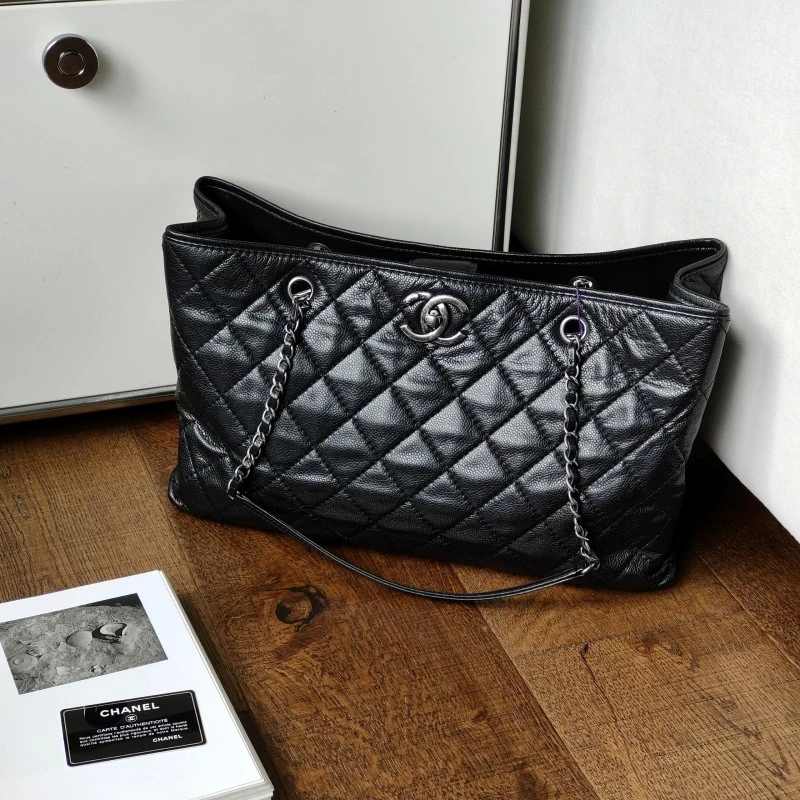 95新 Chanel/香奈儿 Azul -黑银荔枝纹牛皮手提托特包51822