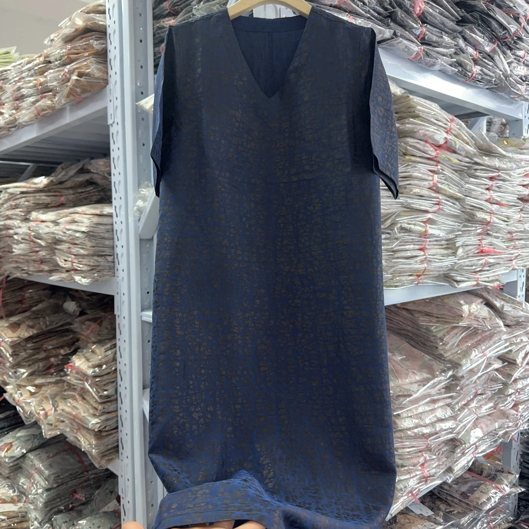 9229款新中式V领长款连衣裙【蓝龟】