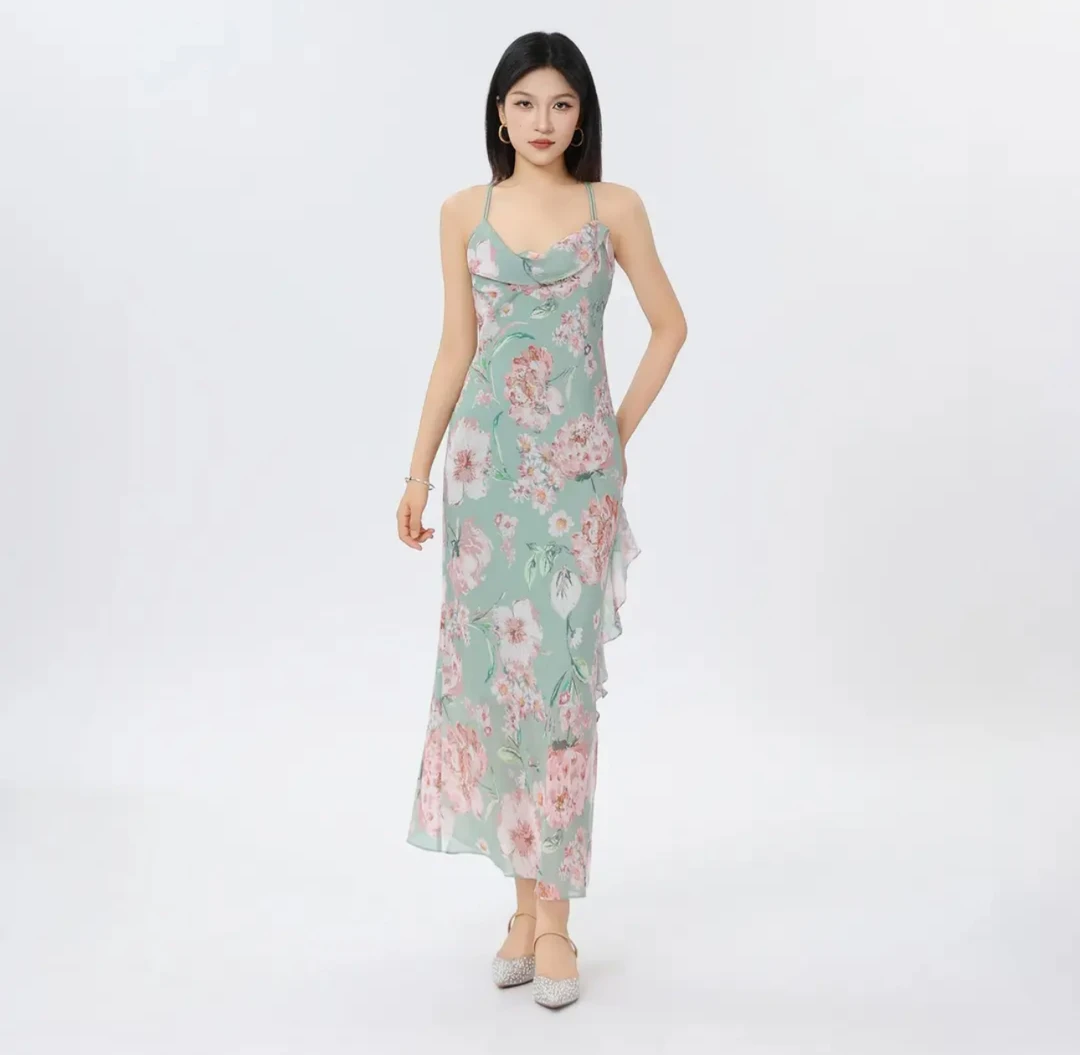 商场专柜女装春夏装新款收腰印花吊带显瘦连衣裙550045