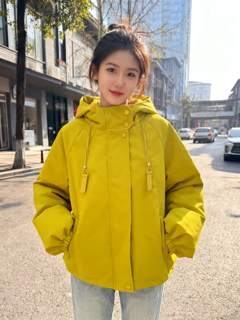 女外套双拉链连帽夹棉棉服冲锋衣韩版短款秋冬保暖