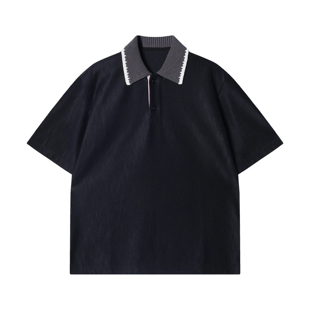夏季高级感新款韩系撞色polo领短袖T恤肌理感百搭商务时尚上衣
