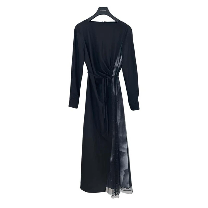 圣迪奥圆领解构收腰网纱晕染长袖连衣裙S243Z1262