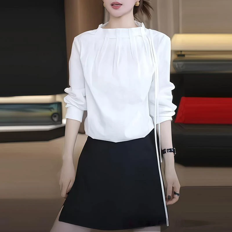 韩系时尚百搭立领减龄系带衬衫女新款冬春高级感气质显瘦白色衬衣