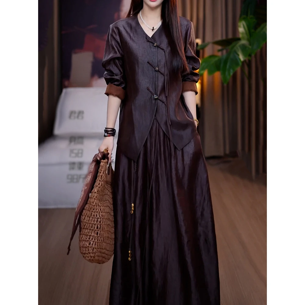 端庄优雅文艺风裙套装女2025秋季新款新中式盘扣长袖衬衫+半身裙