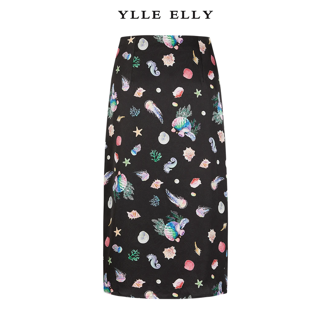 【商场同款】YLLE ELLY时尚半身裙2024夏季新款抽褶印花开叉裙女
