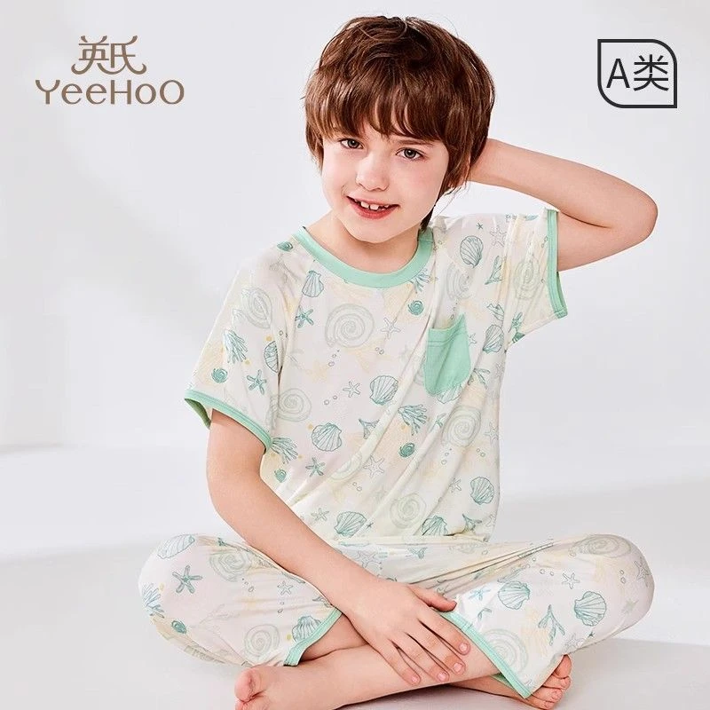 英氏儿童睡衣男孩2025款莫代尔空调服夏季薄款短袖中大童A类家居