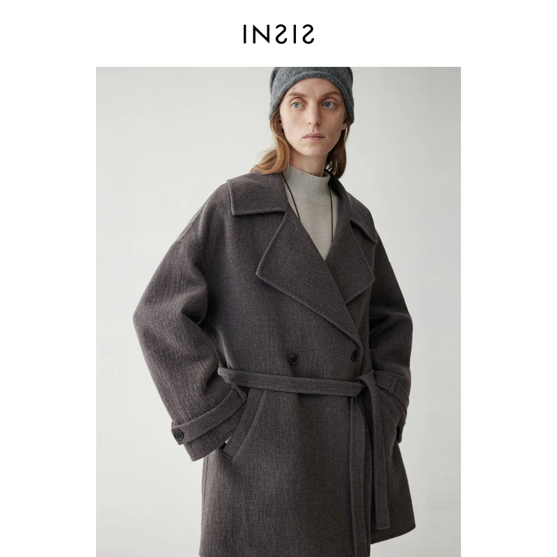 INSIS FEMME 100%澳洲美丽诺羊毛收腰九分袖翻领短款大衣外套女