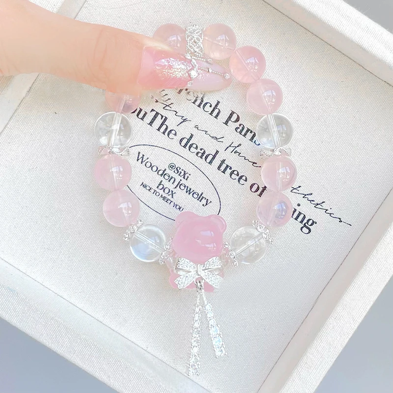 【A678逢熊化吉】重生缘粉水晶芙蓉石小熊手串白水晶手链情人节礼物