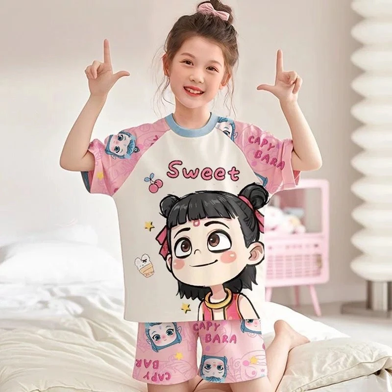 甜可熊儿童睡衣女童夏季薄款男女宝宝卡通爆款家居服新款哪吒套装