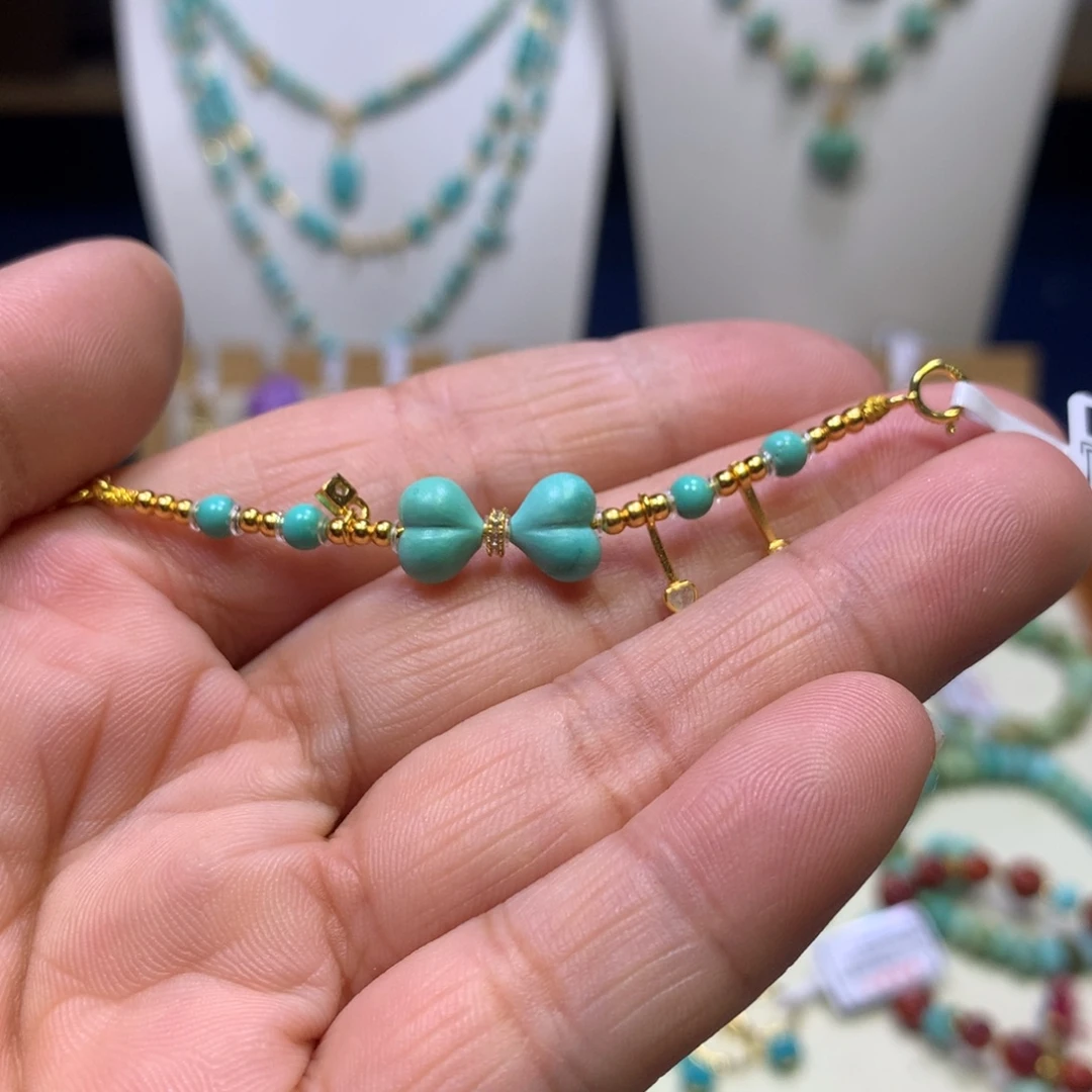 玉***！绿松石银S925镀金镶嵌半链