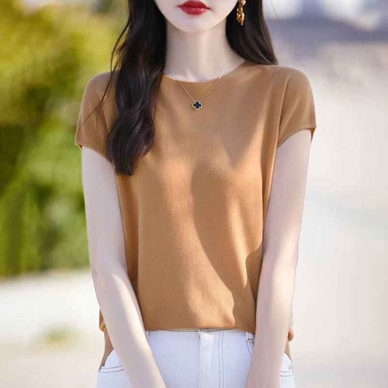 哥弟阿玛施正品新款莱赛尔短袖T恤纯色时尚百搭针织薄款上衣简约