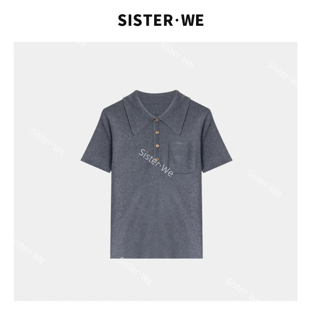 薇姐【风过隙】Sister·We复古老钱风POLO领正肩针织短袖 9301