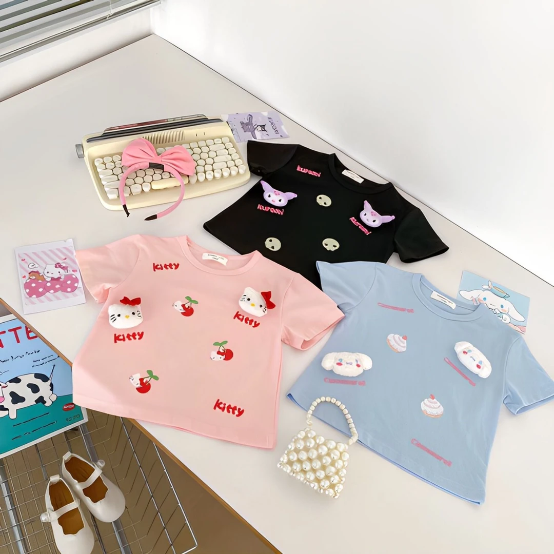 夏季新款卡通洋气中小儿童女孩宝宝可爱立体三丽鸥公仔短袖T恤潮
