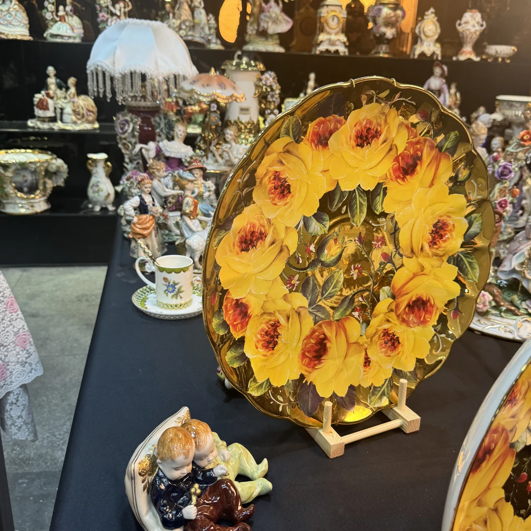 陶瓷摆件 镀金黄玫瑰大果盘 欧式复古描金伴手礼家居装饰老货库存