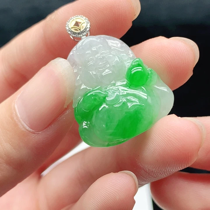 翡翠18K金镶嵌挂件天然翡翠七天鉴赏