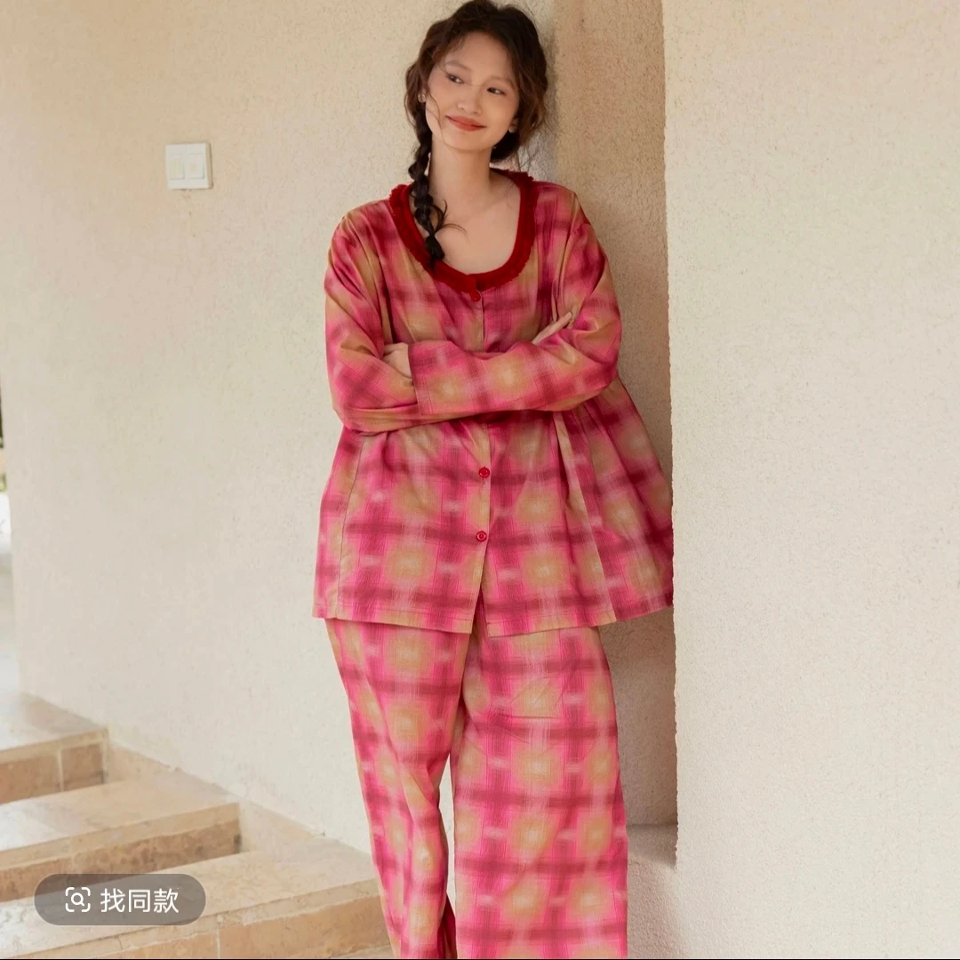 族玛士~春秋纯棉红格子开衫长袖大版家居服套装83368