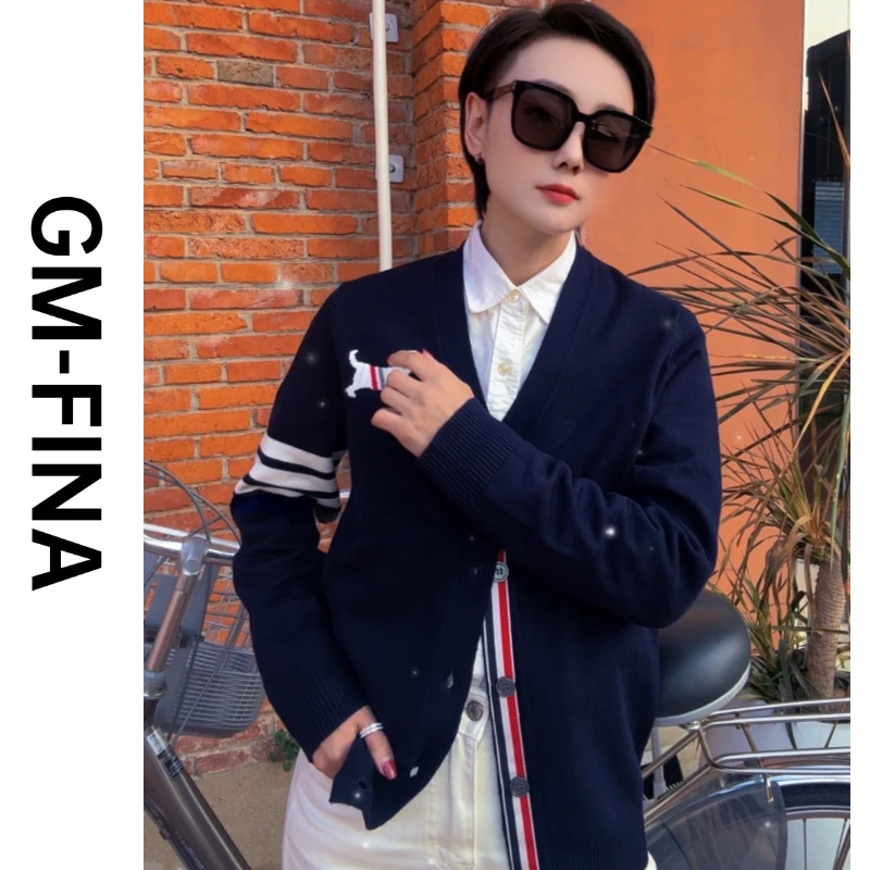 GM-FINA男士春季黑色毛衣针织衫时尚v领条纹开衫打底衫线衣85206