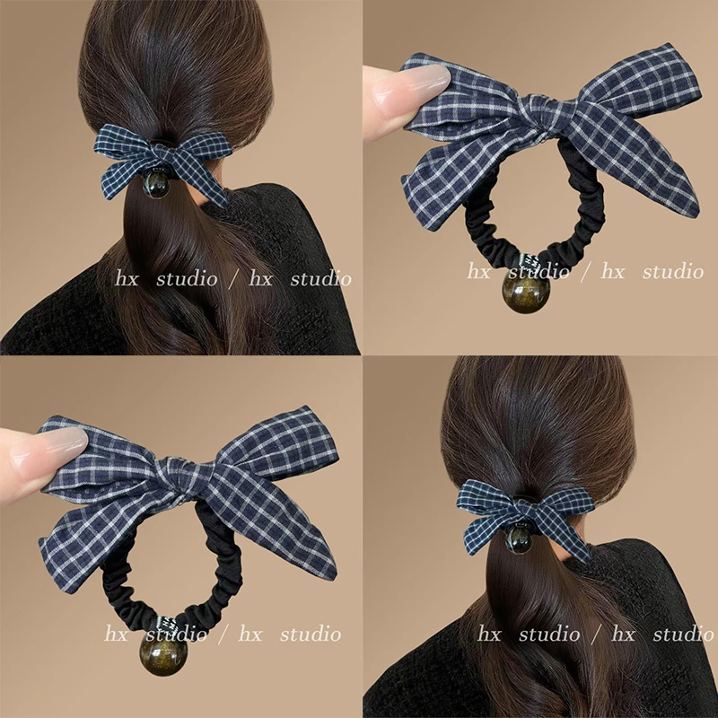 格纹蝴蝶结珠珠小肠发圈女高级感扎头发橡皮筋高弹力耐用头绳发饰