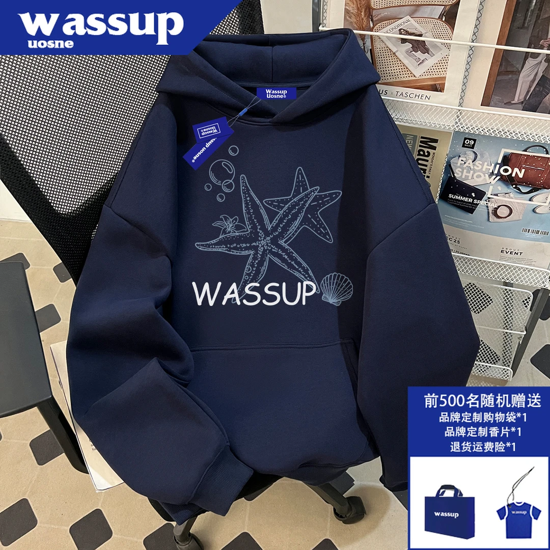 WASSUP UOSNE潮牌套头连帽卫衣男秋冬加绒vibe小众设计感短宽上衣