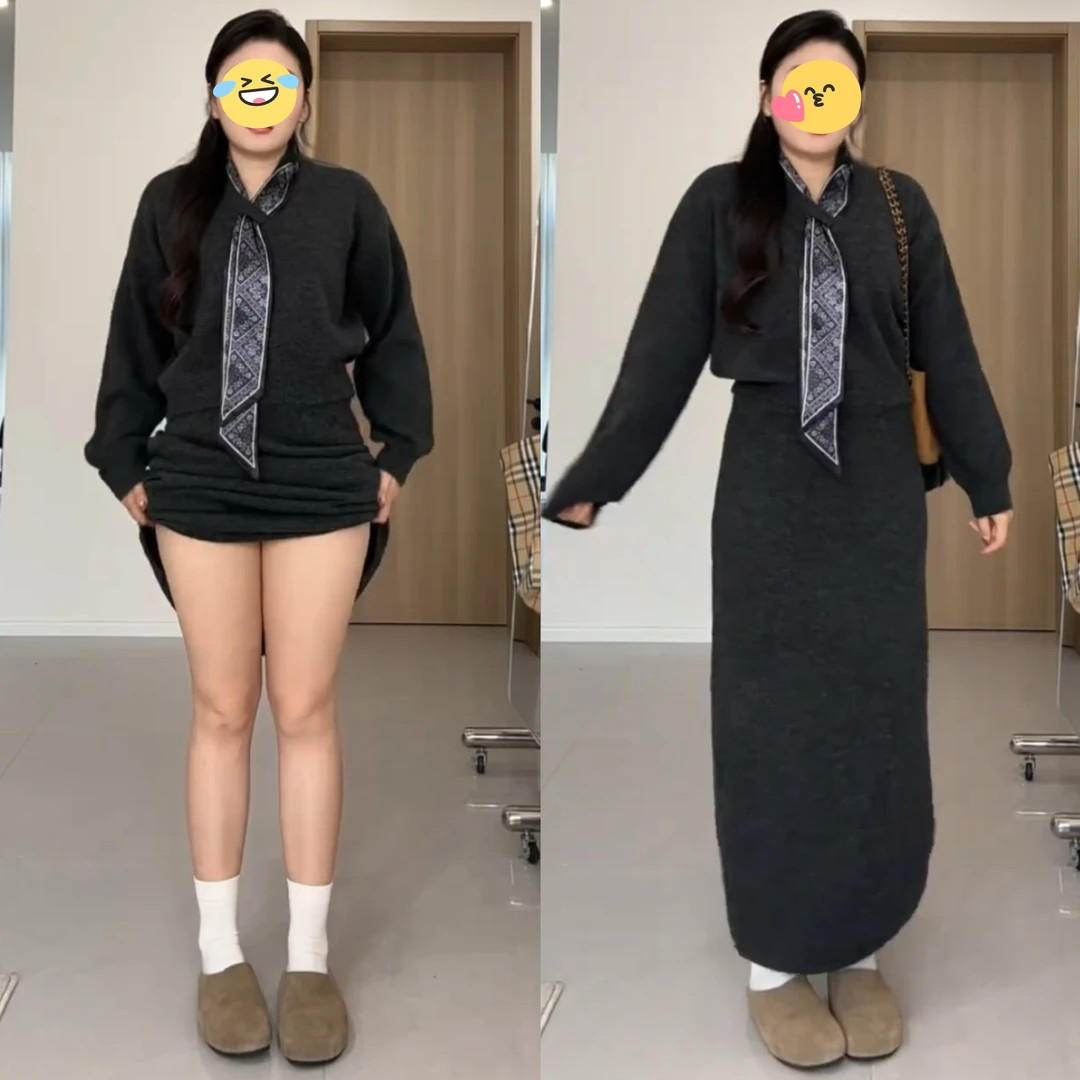 早秋新款巨好看一整套垂感针织套装女配丝巾长袖毛衣半身裙两件套