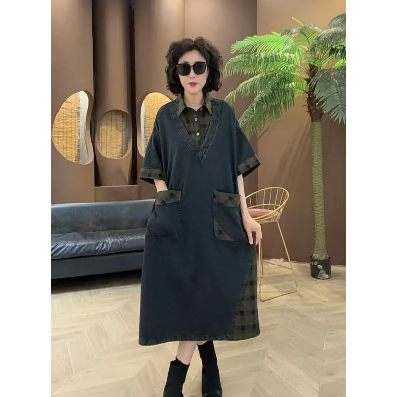 君姐服饰{3235}夏季新款砂洗时尚洋气格子拼接假两件牛仔连衣裙