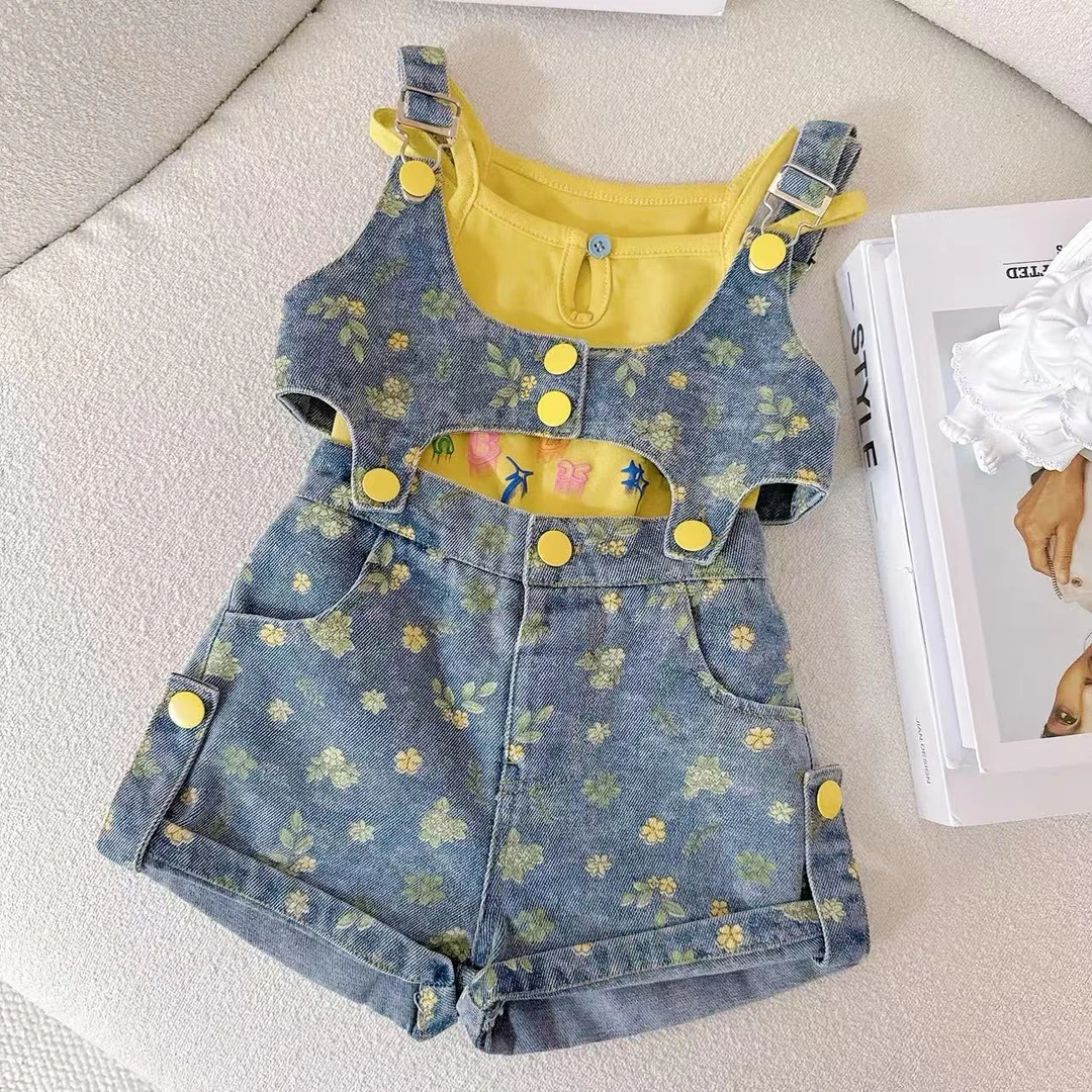 女童夏季双肩牛仔吊带裤2025新款女宝洋气时髦格子牛仔背带裤套装