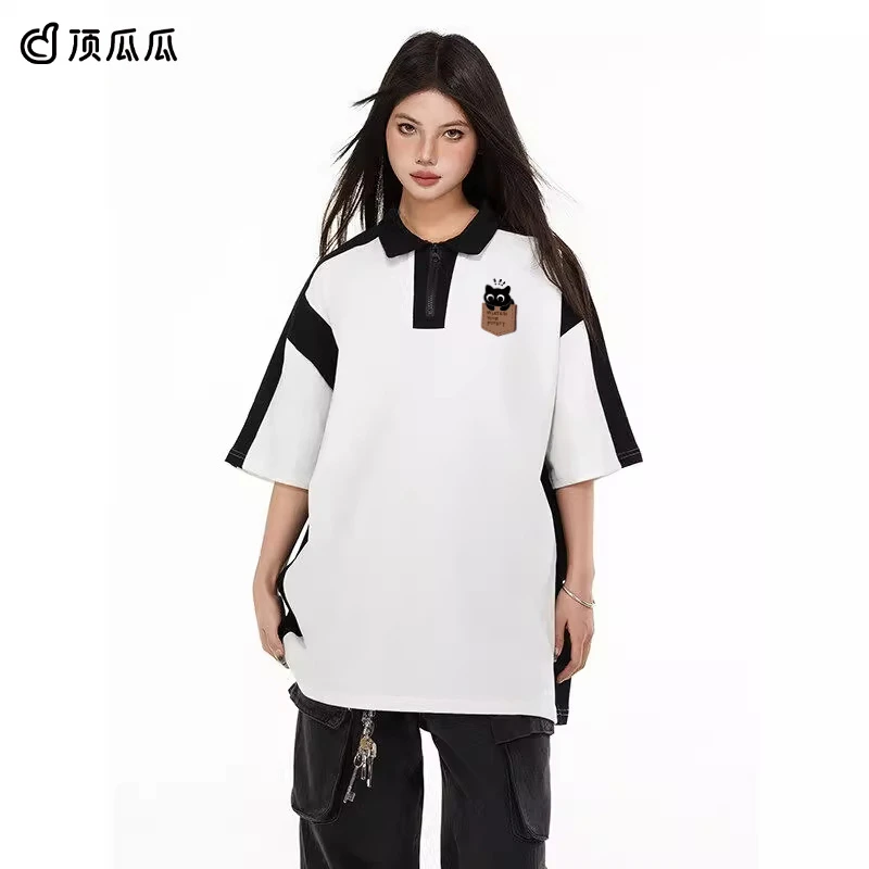 顶瓜瓜特大码300斤创意卡通小猫撞色短袖t恤男女夏季宽松百搭上衣