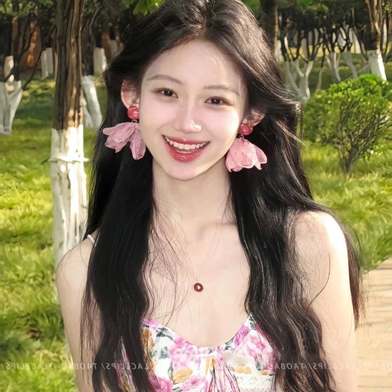 铜合金锆石耳饰 度假风氛围感仙雪纺花朵耳环女时尚百搭气质高级