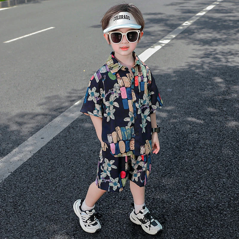 男童夏装小碎花衬衫2025新款儿童夏季轻薄透气帅气宝宝印花两件套