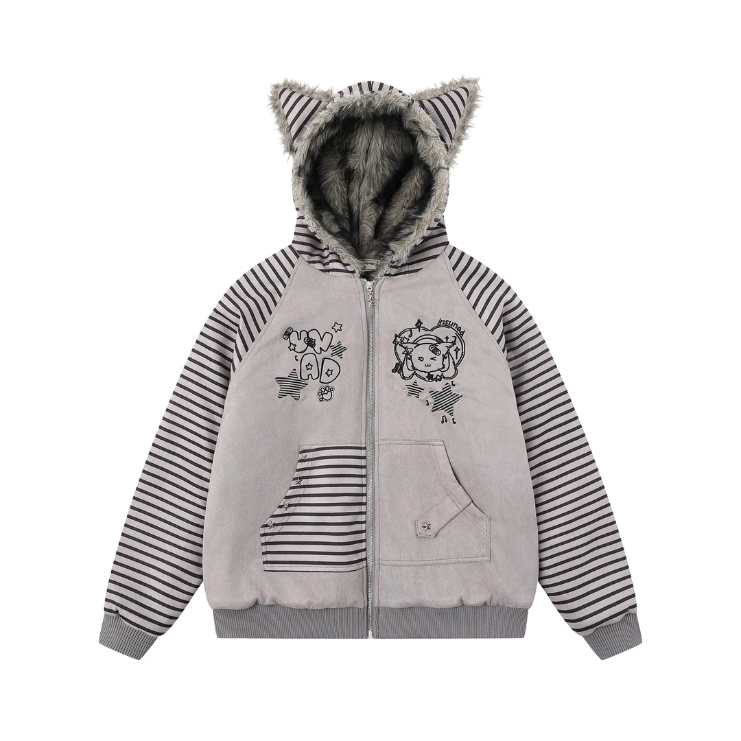 凛可爱 小众设计感卡通刺绣连帽棉服冬季加厚夹棉保暖百搭棉衣