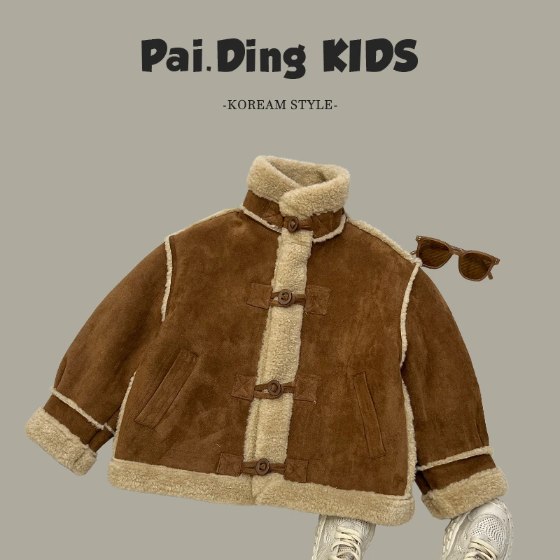 qc阿卷冬装儿童韩版复古拼接机车风休闲加绒保暖立领外套SJ4488