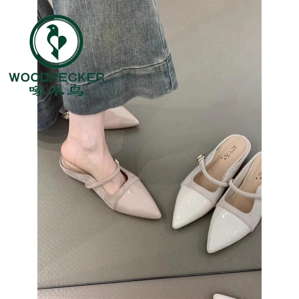 啄木鸟温柔仙女坡跟拖鞋女2025新款法式气质优雅尖头浅口外穿凉拖
