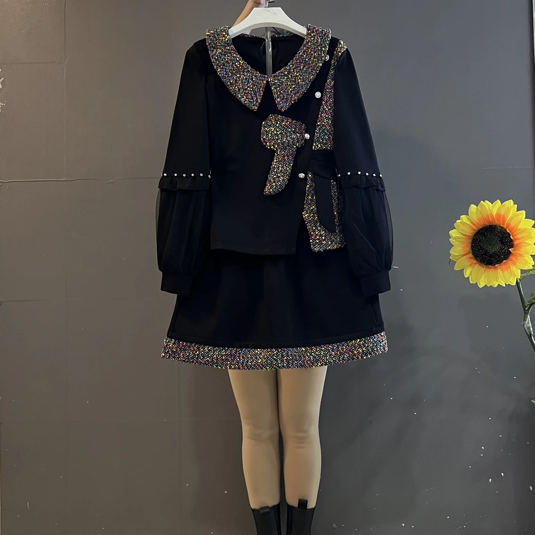 新款大码女装时尚彩色翻领长袖上衣➕短裙洋气显瘦两件套