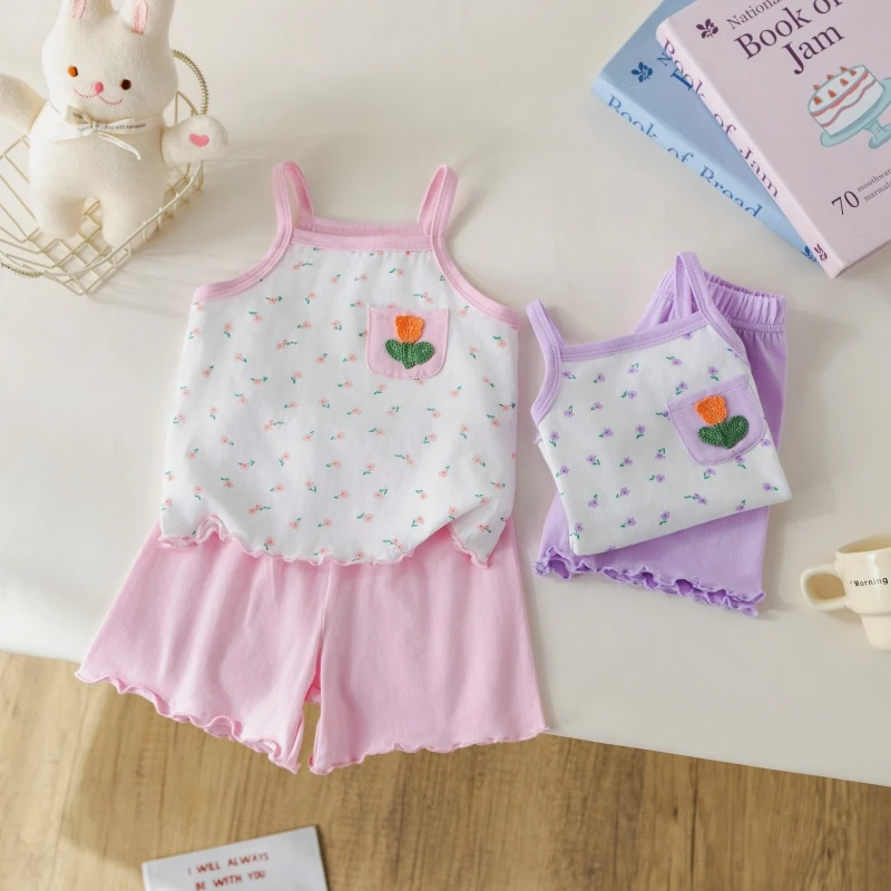 女宝宝夏季套装纯棉碎花吊带婴儿女童夏天无袖空调家居服两件套夏