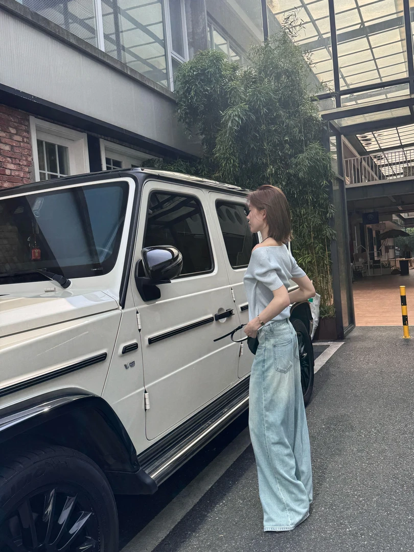 R-HER【旷野之息】时尚水洗高腰牛仔裤洋气蓝色宽松带腰带直筒裤