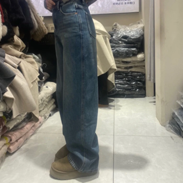 复古高腰宽松直筒牛仔裤女春秋显瘦阔腿拖地长裤