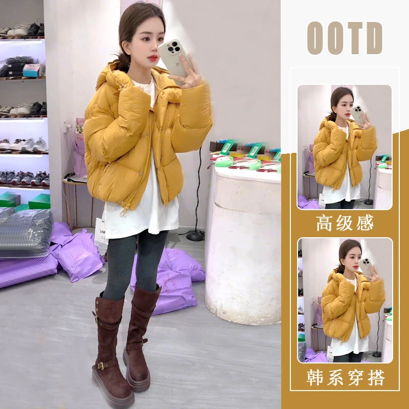 高级感黄色连帽短款棉服女2025冬季新款加厚宽松百搭蓬松棉衣外套