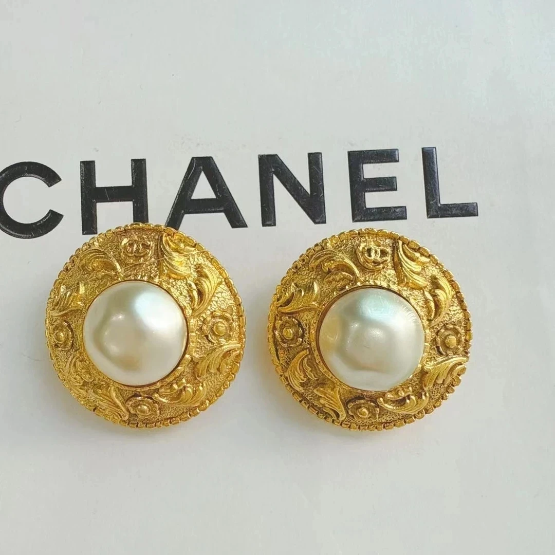 95新 Chanel/香奈儿 Chanel vintage香奈儿中古浮雕珍珠耳夹