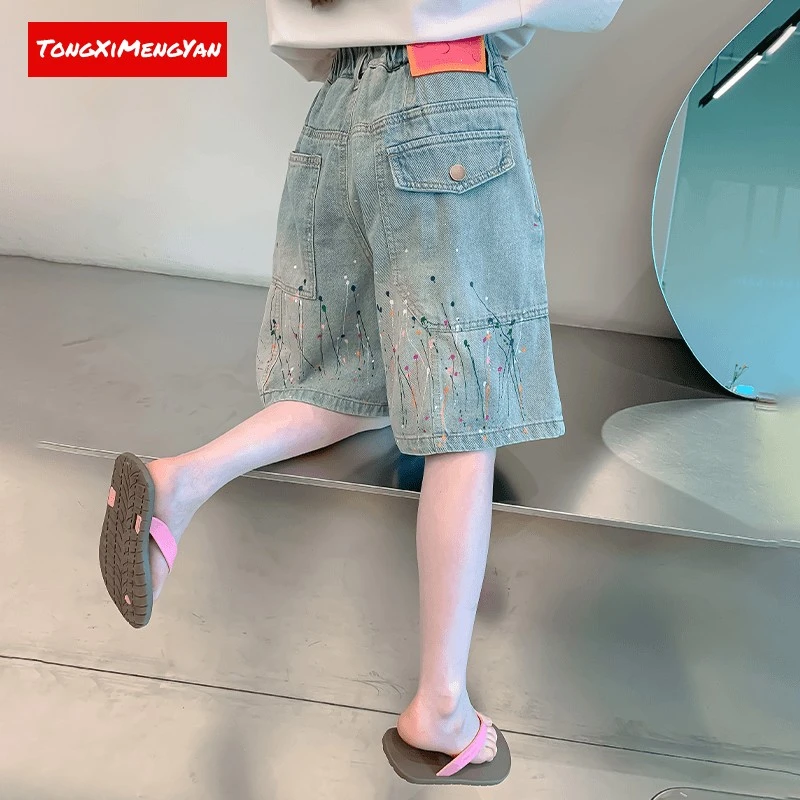 女童牛仔中裤2025夏季新款中大童韩版涂鸦五分裤中学生休闲短裤潮