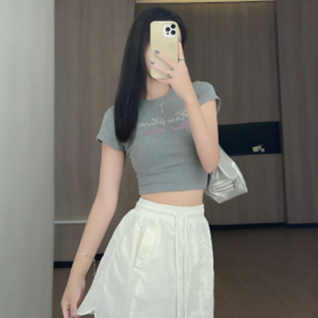 白色显瘦遮胯短裙美式工装风高腰A字半身裙辣妹包臀防走光夏季