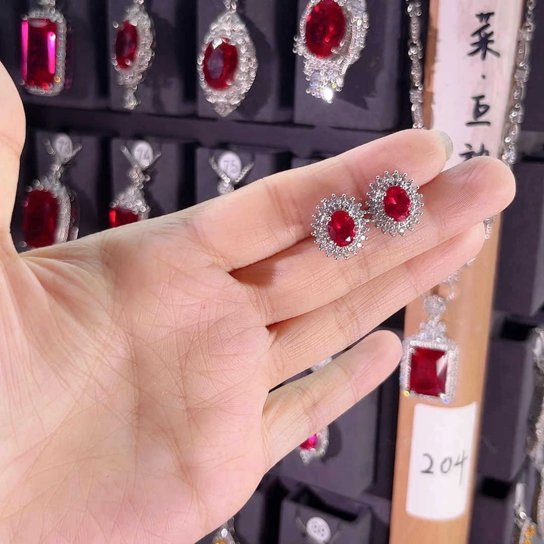 银S925镶嵌耳饰红宝石
