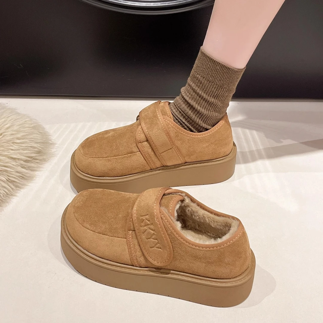 松糕厚底圆头磨砂勃肯鞋女2024冬季新款加绒雪地靴魔术贴乐福棉鞋