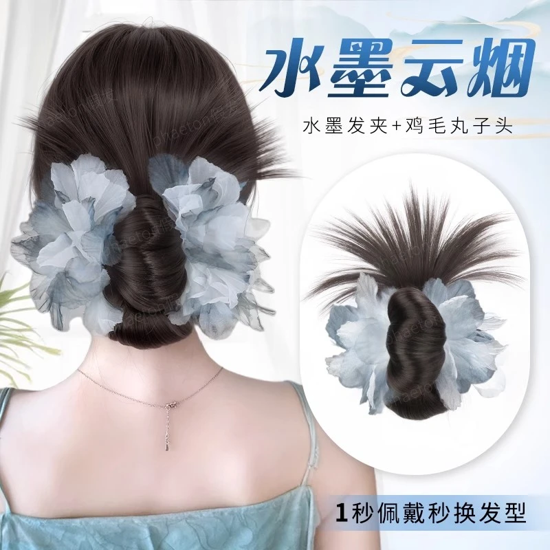 新中式低扎丸子头假发抓夹慵懒感鸡毛花苞头自然蓬松增发量假发包