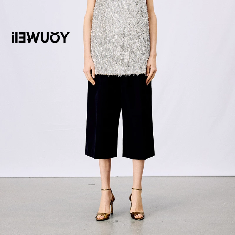 有尾YOUWEI高密羊毛轻奢极简中裤黑色直筒阔腿裤Y5325101