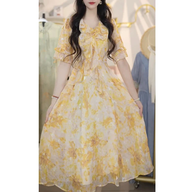 L572法式复古荷叶边黄色v领短袖连衣裙子夏季新款超仙a字长裙子